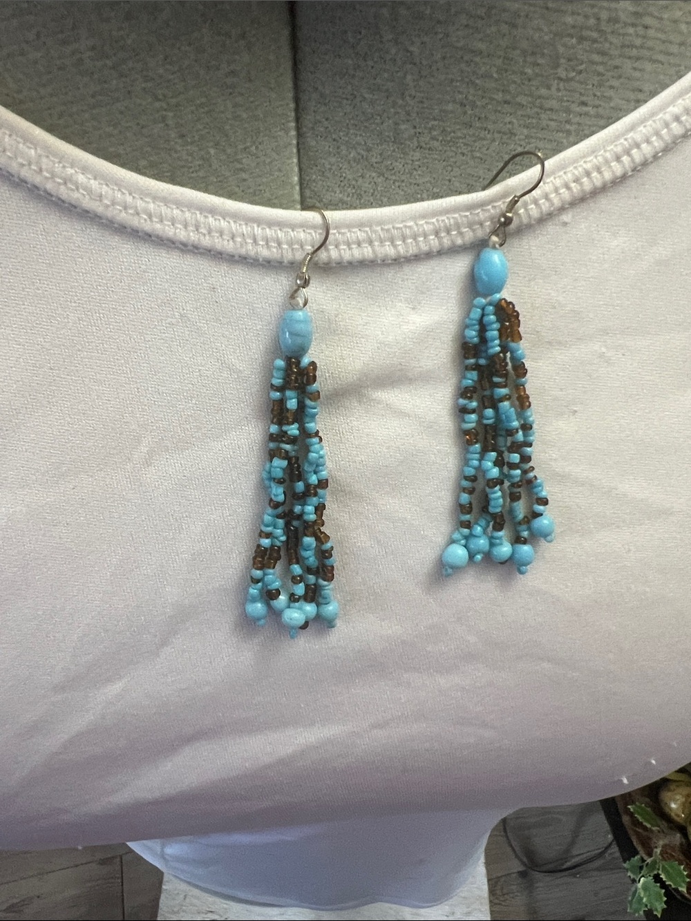 Turquoise and Brown Beaded Tassel Earrings - Handcrafted Fringe
